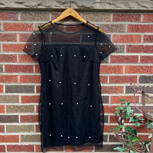 SHEIN Dresses & Skirts - SHEIN Black Mesh and Pearl Embroidered Short Sleeve Layered Bodycon Dress